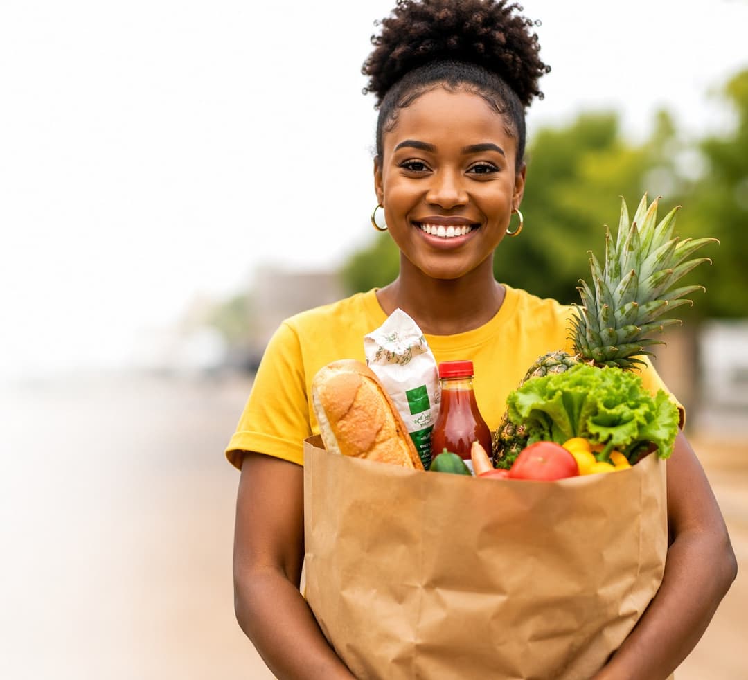 Smiling woman holding fresh grocery bags